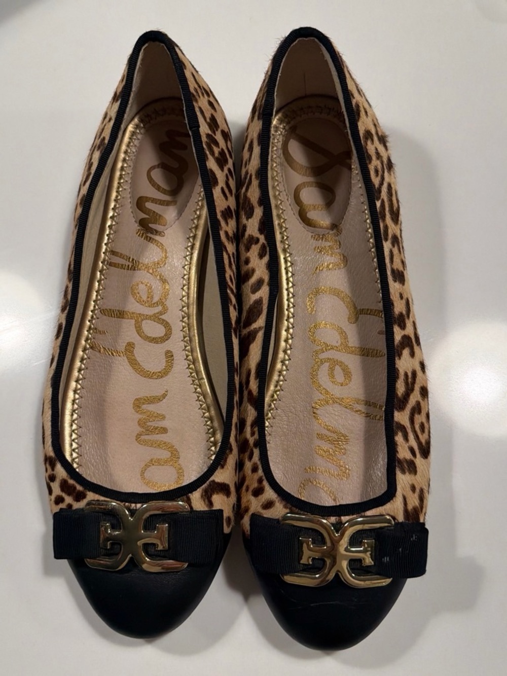 Sam Edelman Leopard Ballet Flats with Black Toe and Gold Hardware
